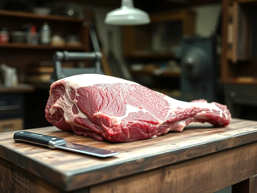 A whole beef primal resting on a scarred wooden block with a boning knife laid beside it, shop equipment out of focus behind