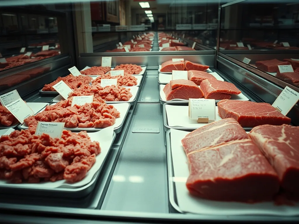 Trays of ground beef and thick cut steaks lined up in a lit glass case, small handwritten cards propped beside each tray