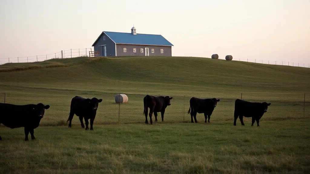 Black cattle grazing a green pasture at dusk below a grey barn on the ridge, round hay bales and a wire fence